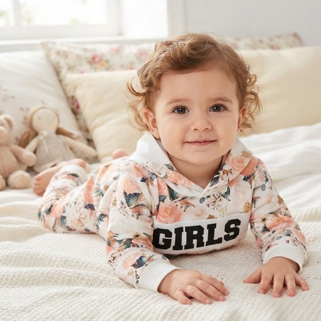 A baby girl lying on her stomach on a white textured blanket in a bedroom, wearing a white hooded sweatshirt with a pink and green floral print and the word 'GIRLS' printed in black across the chest.