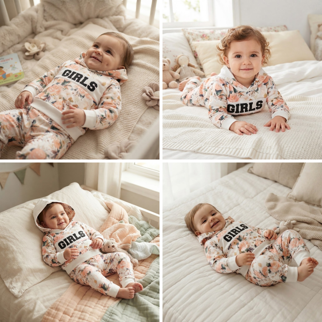 A four-panel collage showing a baby wearing a floral hooded one-piece outfit with the word 