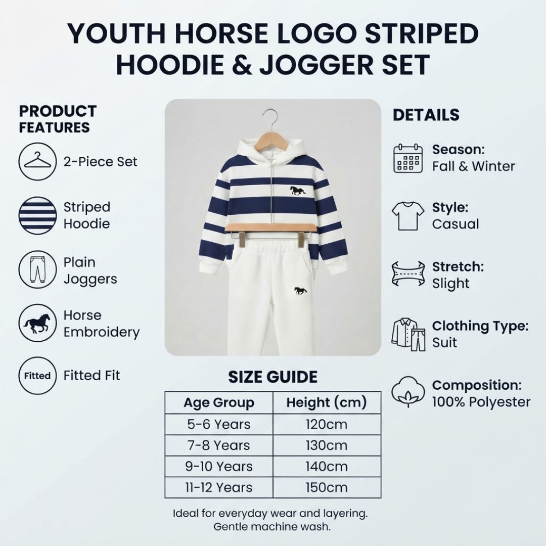 A youth horse logo striped hoodie and jogger set displayed on a hanger with a wooden block, surrounded by product features, details, and a size guide infographic on a light gray background.