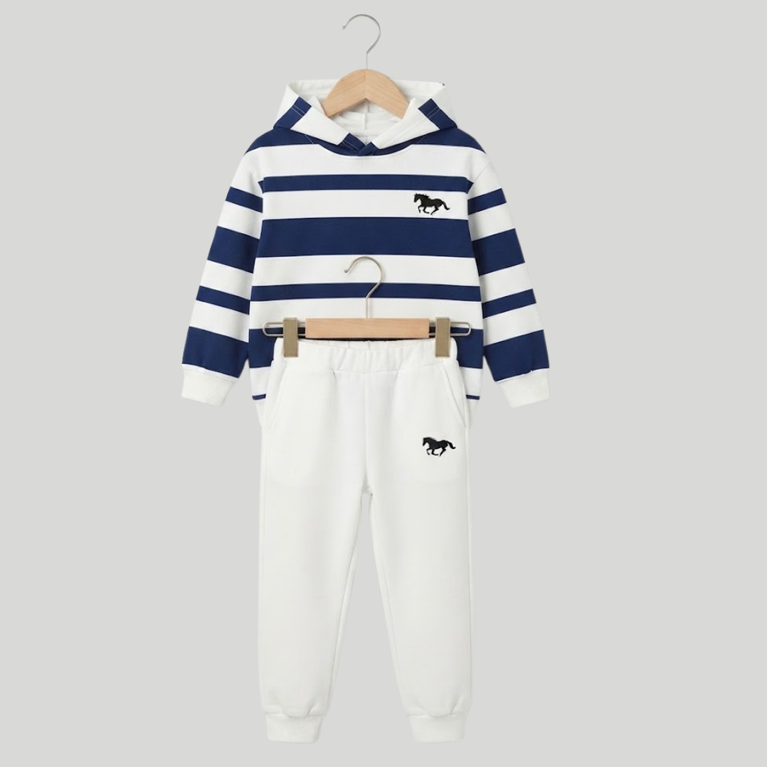 A children's two-piece clothing set hanging on wooden hangers against a solid gray background. The set includes a navy blue and white horizontally striped hooded sweatshirt with a small black horse logo on the left chest, and matching white sweatpants with an elastic waist, side pockets, and a small black horse logo on the left thigh.