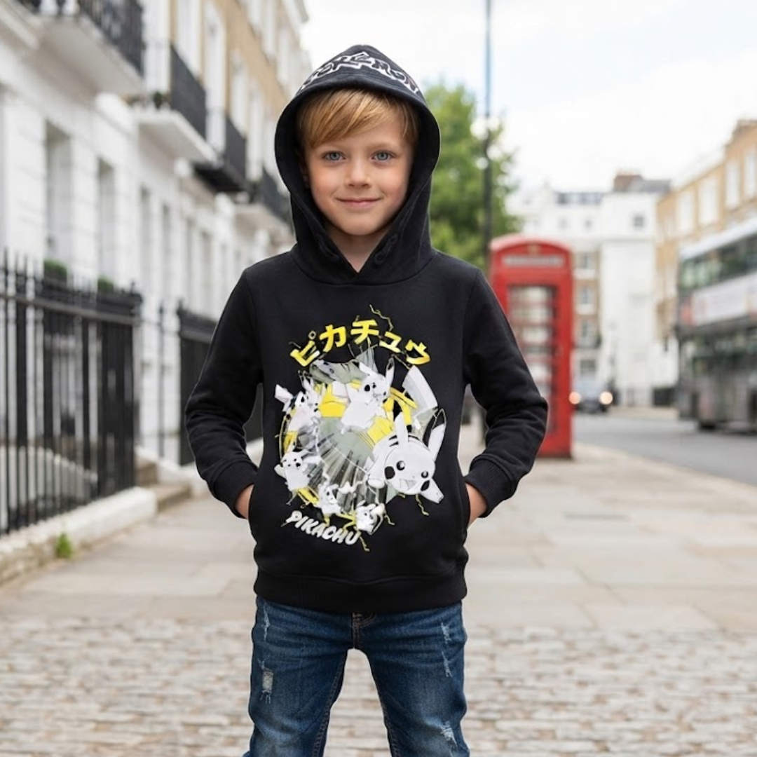 A boy wearing Kids Pokémon Pikachu Black Hoodie standing on the road