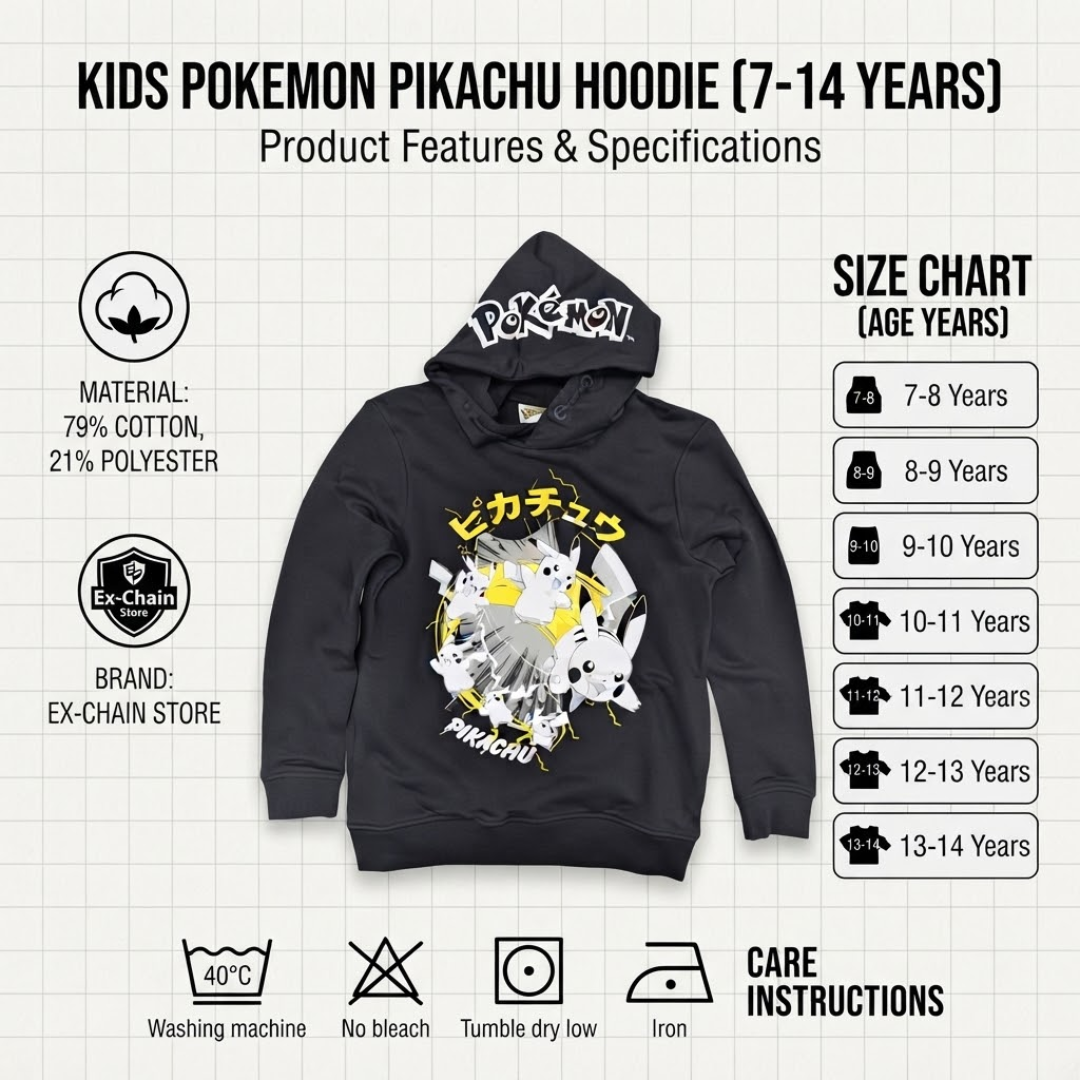 Kids Pokémon Pikachu Black Hoodie (7-14 Years)