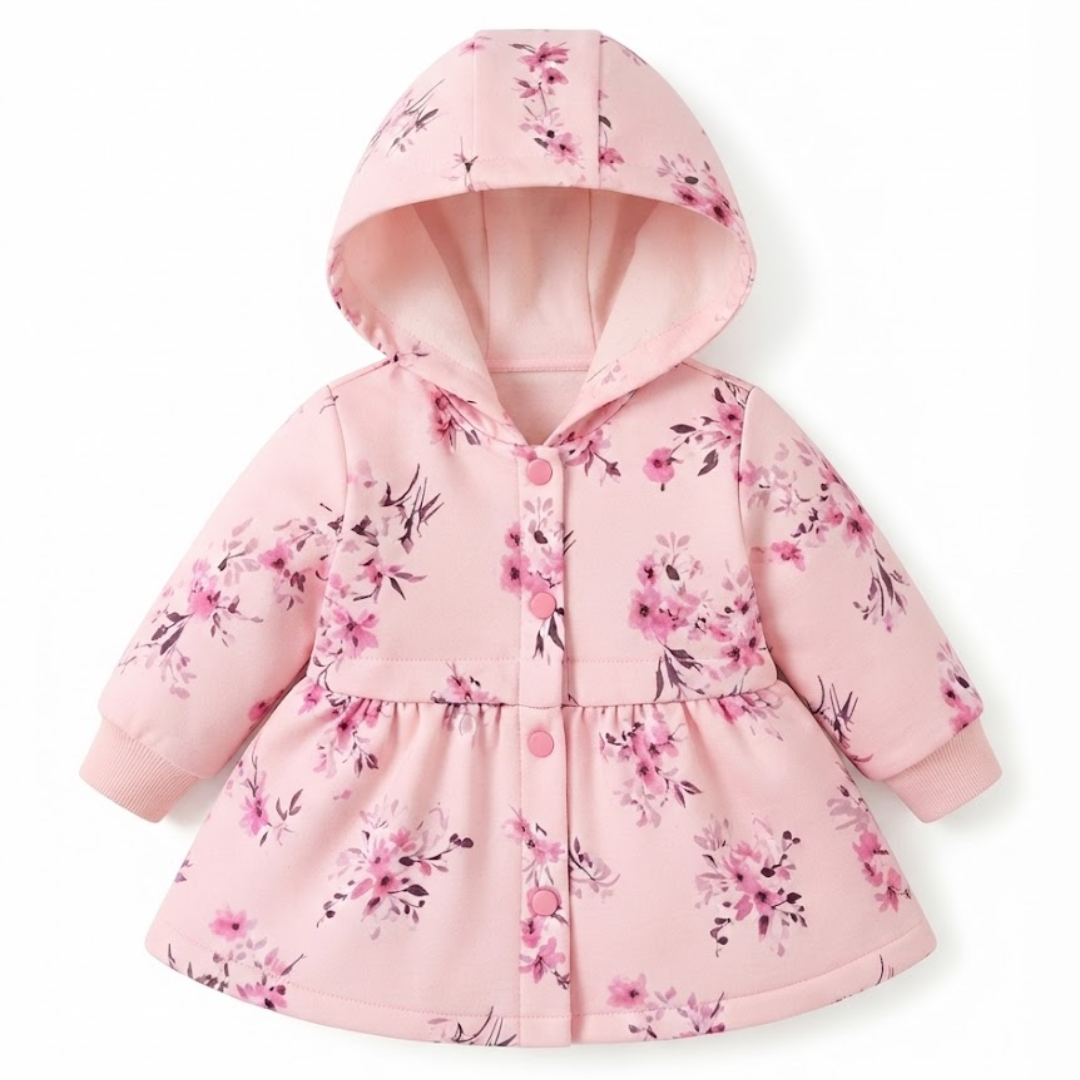 A pink hooded baby coat with a floral print, featuring a button-up front and long sleeves, shown against a plain white background.