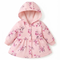 A pink hooded baby coat with a floral print, featuring a button-up front and long sleeves, shown against a plain white background.