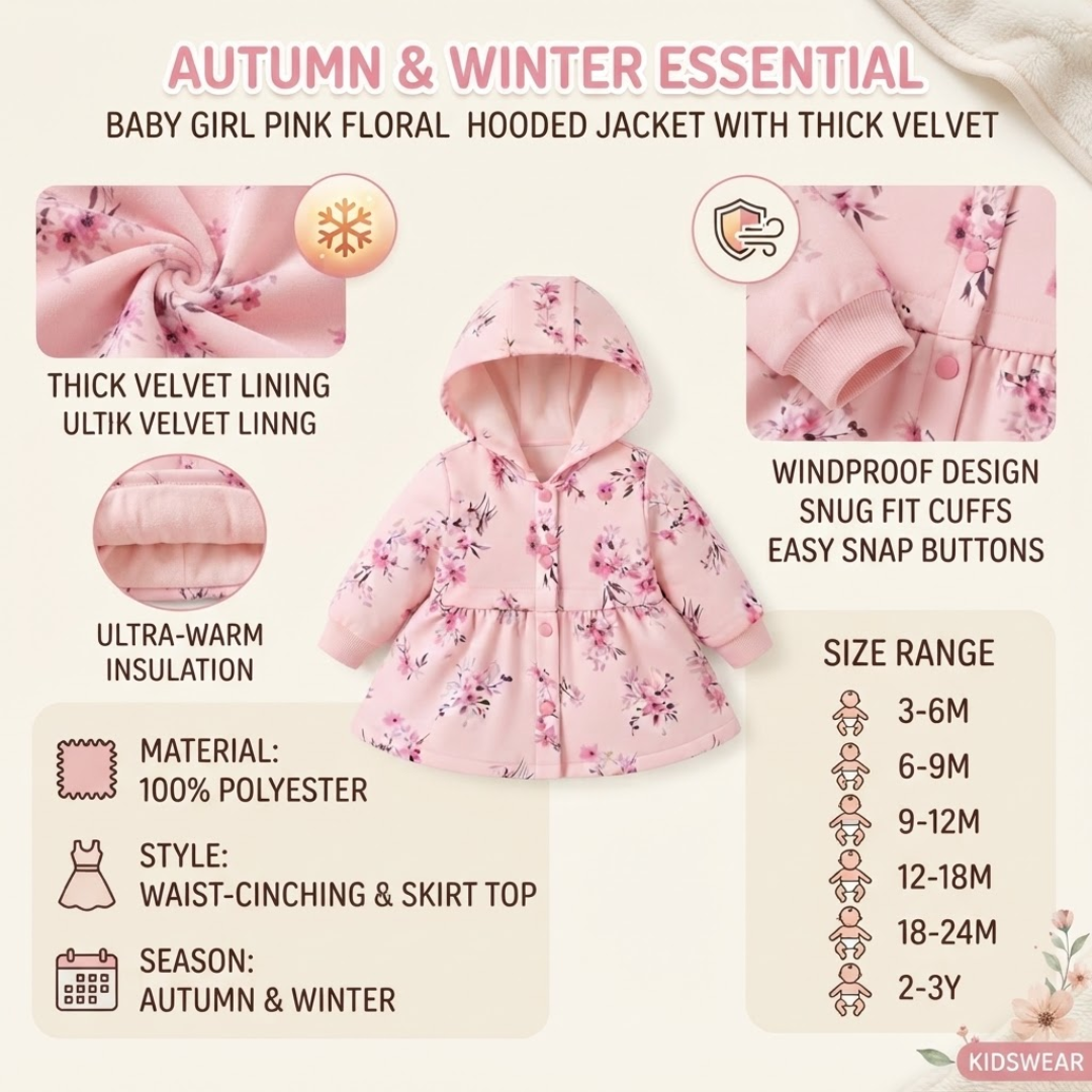 A pink floral hooded baby girl jacket with thick velvet lining, shown on a beige infographic background with feature callouts, material info, and size range.