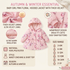 A pink floral hooded baby girl jacket with thick velvet lining, shown on a beige infographic background with feature callouts, material info, and size range.