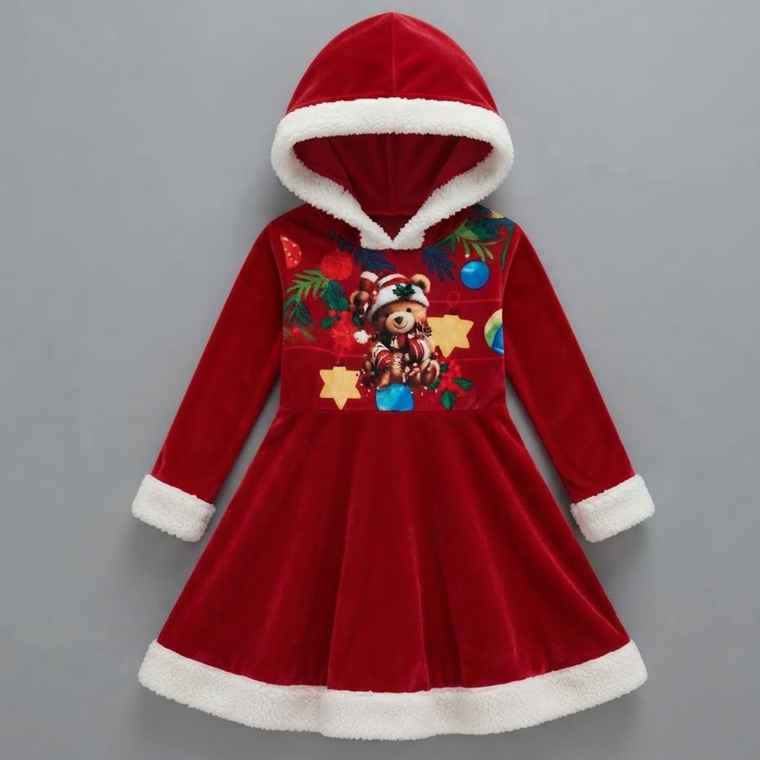 A red velvet children's dress with a Santa hat hood trimmed in white faux fur, featuring a festive Christmas teddy bear graphic on the chest and white faux fur trim at the cuffs and hem, shown against a solid gray background.