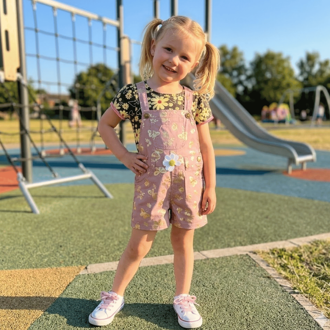 Young girl in a pink floral dress standing on a playground.