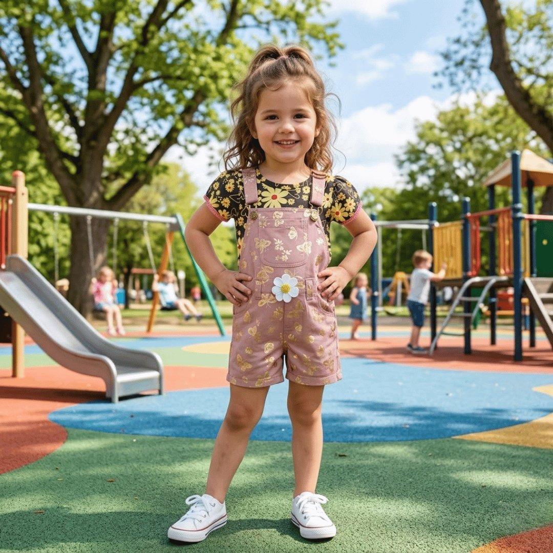 Young girl in a pink floral dress standing on a playground with colorful equipment and trees in the background.