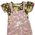 Children's outfit with floral top and pink overalls on a white background