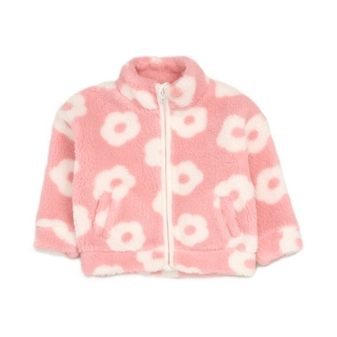 A pink plush fleece jacket with a white floral pattern, featuring a front zipper, stand-up collar, and side pockets, shown against a plain white background.