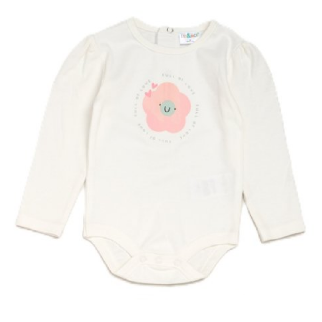 An off-white long-sleeve baby bodysuit featuring a pink flower graphic on the chest with a cute cartoon face and the text 'I LOVE MY BABY' and 'YOU ARE MY LOVE'.