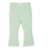 Light mint green ribbed knit pants for toddlers, featuring an elastic waistband and a matching mint green bow accent at the front.