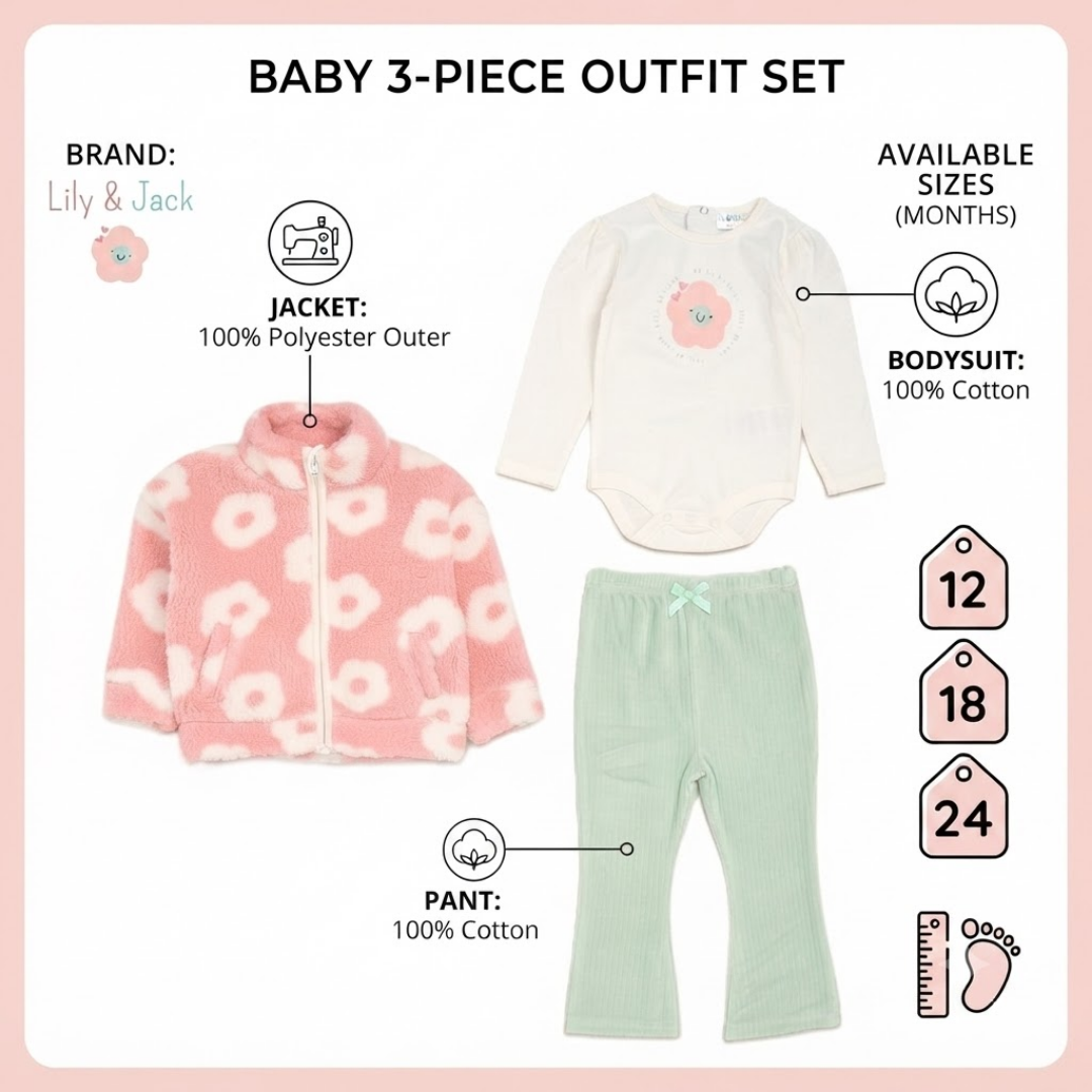 Baby 3-piece outfit set by Lily & Jack, featuring a pink fleece jacket with white flower pattern, a white long-sleeve bodysuit with a pink flower patch, and mint green pants. The graphic includes product details, sizing information (12, 18, 24 months), and material notes on a light pink background.