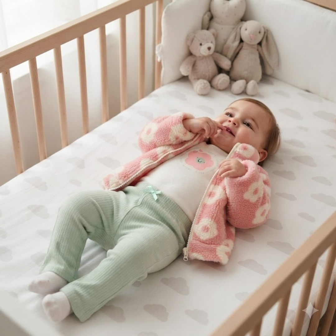 A baby lying on a heart-patterned mattress inside a wooden crib, wearing a pink floral fleece zip-up cardigan, mint green ribbed pants, and a white top. Three plush stuffed bunny toys are visible in the crib behind the baby.