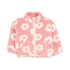 A pink plush fleece jacket with a white floral pattern, featuring a front zipper, stand-up collar, and side pockets, shown against a plain white background.