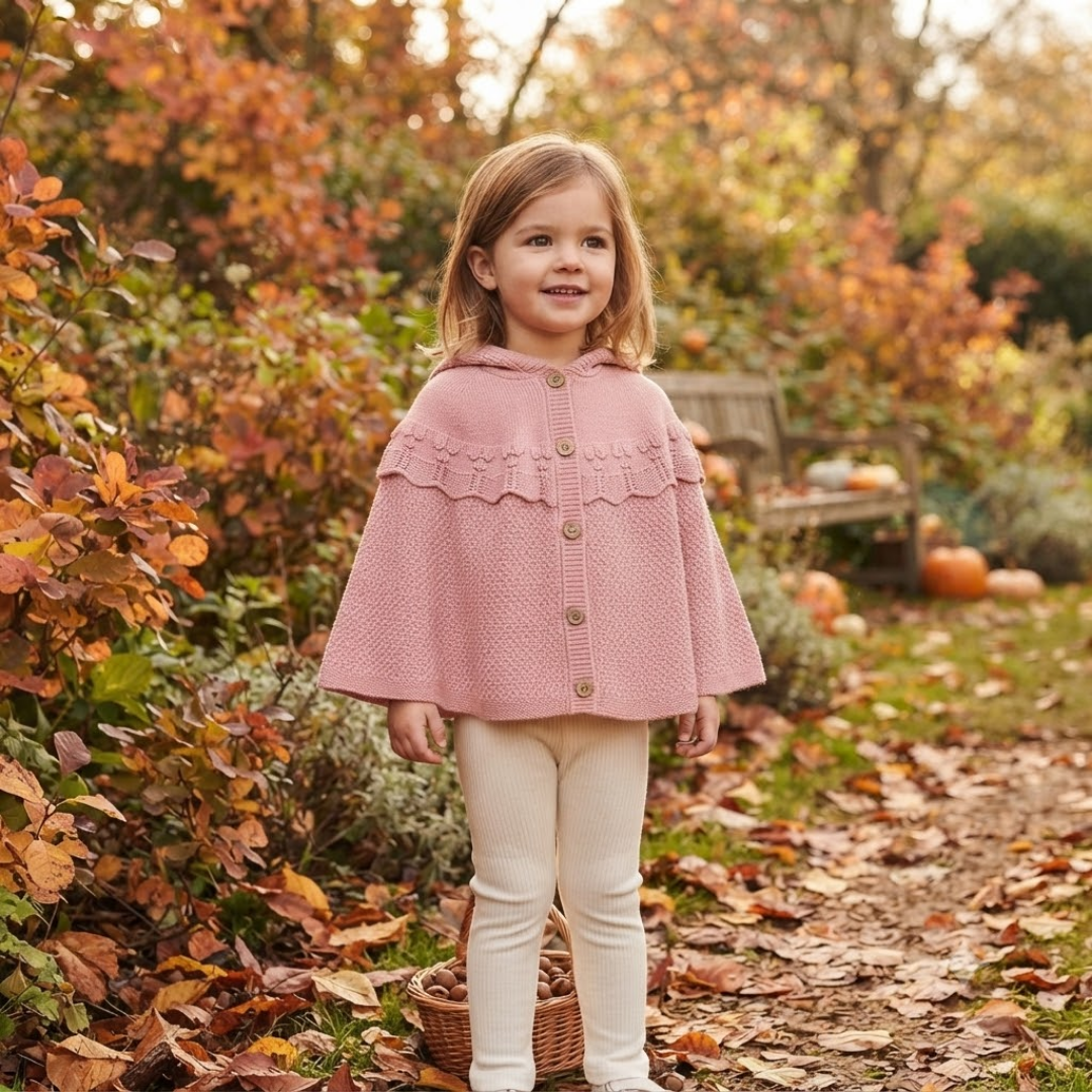 A young girl stands outdoors in a garden wearing a dusty pink knit cape cardigan with a ruffled yoke and button front, paired with cream leggings. The background features autumn foliage, fallen leaves, and pumpkins.