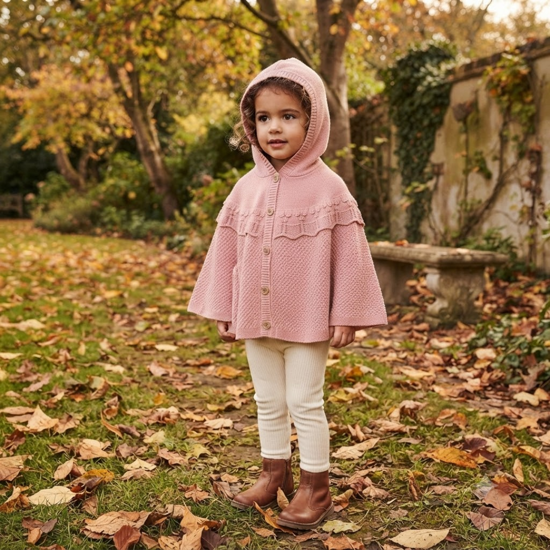 A young child wearing a pink hooded cape with ruffle trim and buttons, cream pants, and brown boots, standing outdoors on grass covered with fallen leaves in a garden setting.