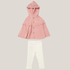 A baby girl's two-piece knit outfit set featuring a light pink hooded cardigan with a ruffled hem and brown buttons, paired with white leggings, shown on a solid light gray background.
