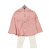 A toddler girl's knit cardigan set in dusty pink, featuring a textured waffle-knit body, a scalloped lace-trimmed yoke, and four wooden buttons. It is styled with cream ribbed leggings on a hanger against a white background.
