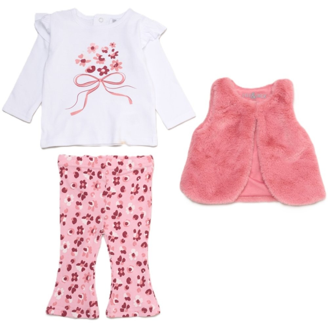 Three-piece outfit set laid out on a white background, featuring a white long-sleeve top with a pink floral bouquet and bow graphic, a plush pink faux-fur vest, and pink floral-print trousers.