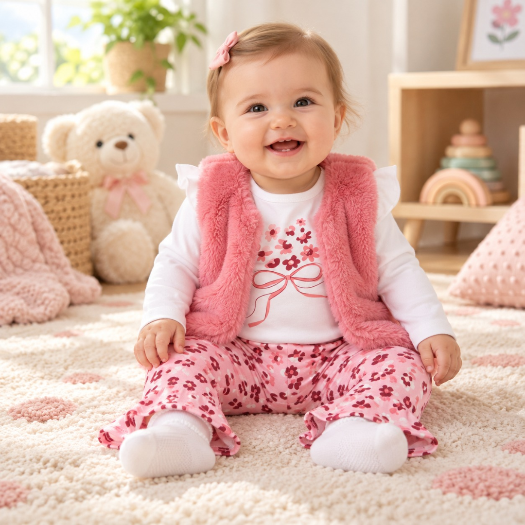 A smiling baby sitting on a patterned rug in a nursery room, wearing a white long-sleeve top with a pink floral graphic, a matching pink fuzzy vest, pink floral-print trousers, and white socks.