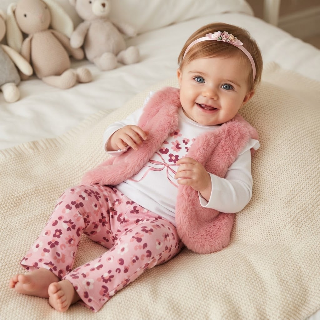 A smiling baby resting on a cream-colored knit blanket, wearing a white long-sleeve top with a pink floral graphic, a fluffy pink faux-fur vest, pink floral-print trousers, and a delicate pink floral headband.