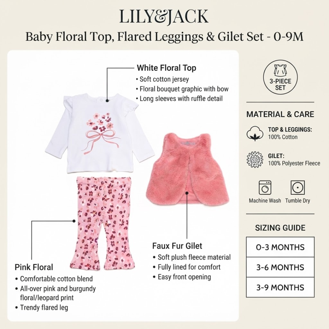 Lily & Jack Baby Floral Top, Flared Leggings & Gilet Set (0-9M), detailing the 3-piece set's components, 100% cotton and polyester fleece materials, care instructions, and sizing guide.