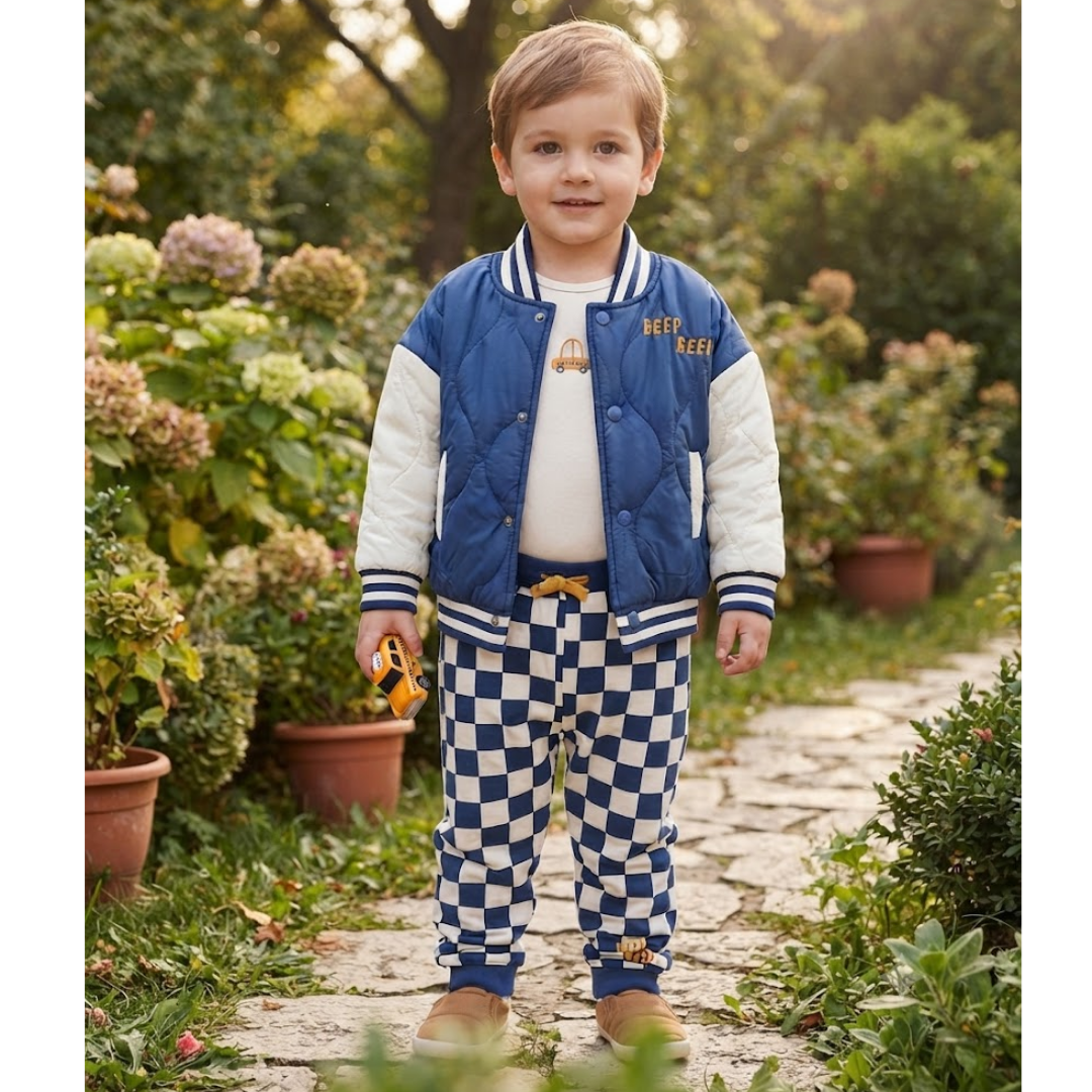 A young boy stands on a stone garden path wearing a blue and white varsity jacket, matching blue and white checkered pants, and a white t-shirt, holding a small yellow toy in a garden setting.
