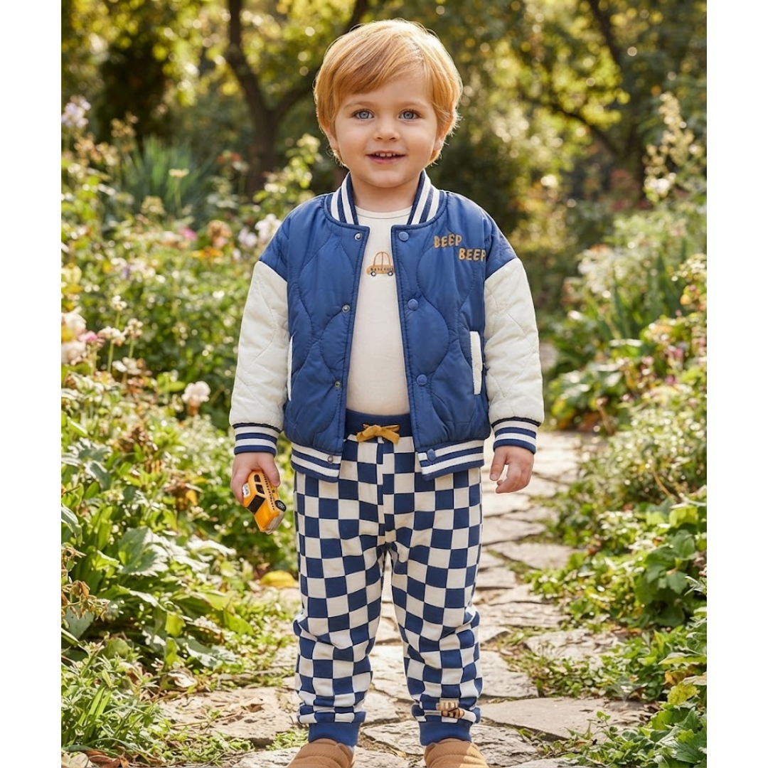 A toddler stands on a garden path wearing a blue quilted bomber jacket with white sleeves, a white shirt, and blue-and-white checkered pants.