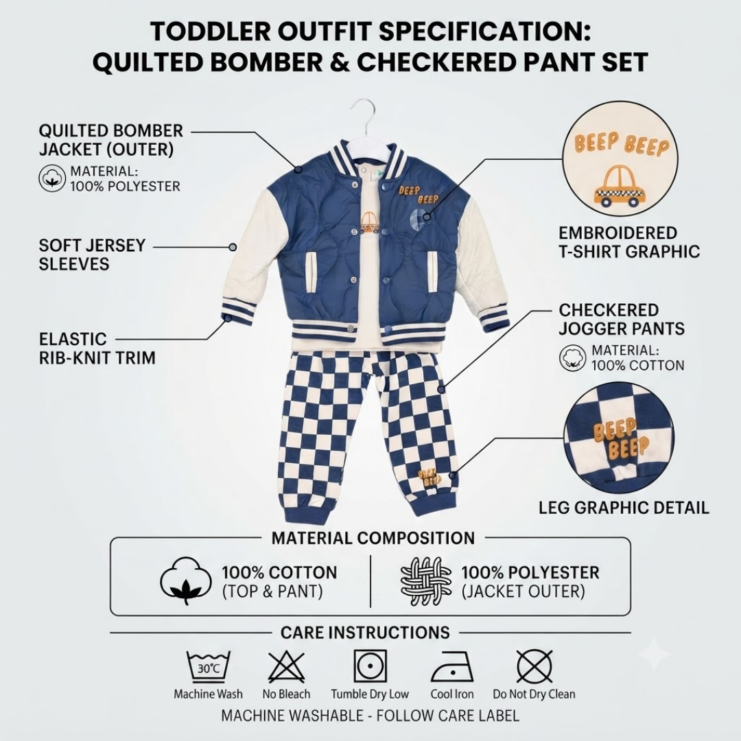 A labeled infographic showing a toddler outfit set with a blue and cream bomber jacket and matching checkered pants, plus callout circles and material/composition details on a light gray background.