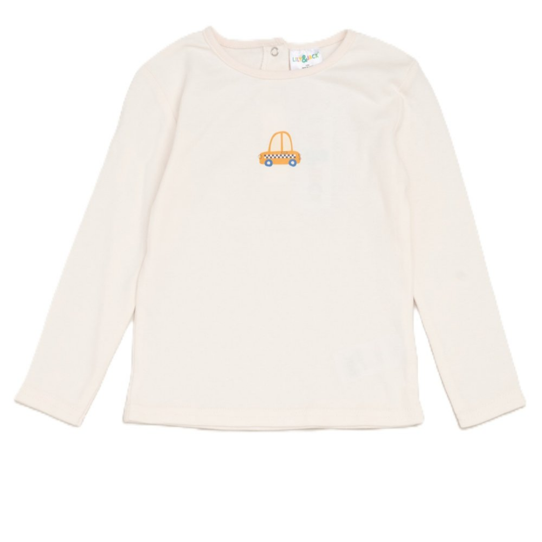 A cream-colored long-sleeve baby top featuring a small embroidered orange and yellow patterned car on the center chest, displayed flat against a white background.