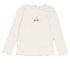 A cream-colored long-sleeve baby top featuring a small embroidered orange and yellow patterned car on the center chest, displayed flat against a white background.