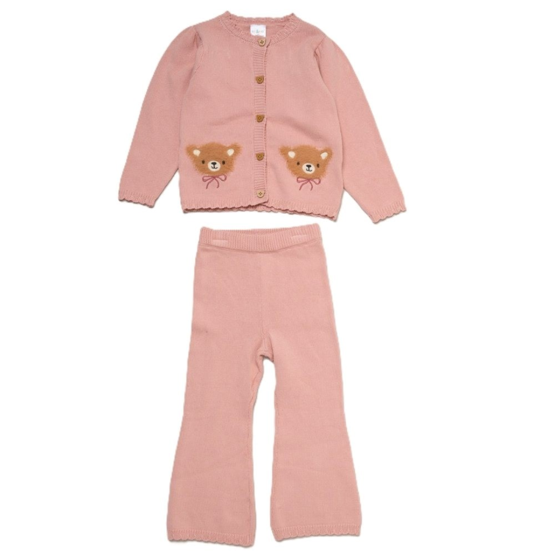 Girls pink knit cardigan and flared trousers outfit set with cute teddy bear details.