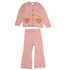 Girls pink knit cardigan and flared trousers outfit set with cute teddy bear details.