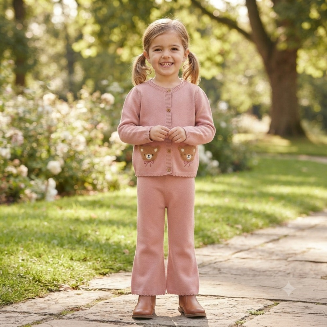 Little girl posing in a sunny park while wearing a cozy autumn knitwear two-piece set with brown boots.