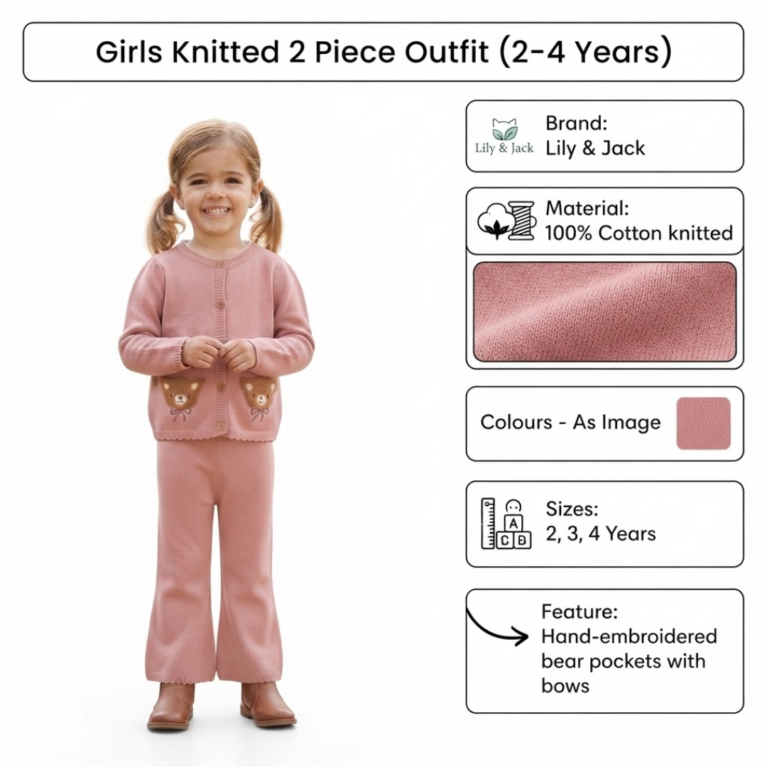 E-commerce infographic for Lily & Jack girls' 2-piece knitted outfit, featuring a photo of a young model in a pink bear-pocket cardigan and flared pants alongside specification boxes detailing 100% cotton material, color, and 2-4 years sizing.   