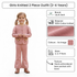 E-commerce infographic for Lily & Jack girls' 2-piece knitted outfit, featuring a photo of a young model in a pink bear-pocket cardigan and flared pants alongside specification boxes detailing 100% cotton material, color, and 2-4 years sizing.   