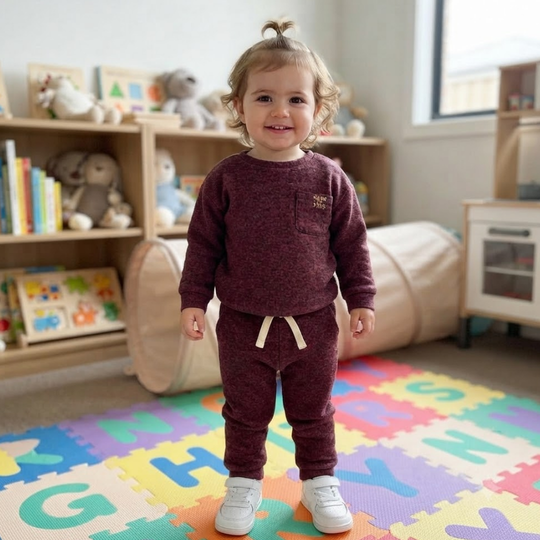 A toddler stands in a child's bedroom wearing a matching heathered burgundy long-sleeve top and jogger pants with white sneakers. The room has wooden shelves with toys, a colorful alphabet play mat, and a soft play tunnel in the background.