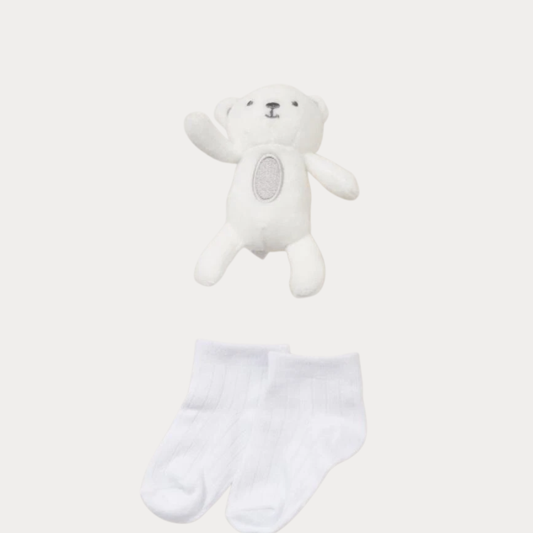 White teddy bear and socks on a light gray background
