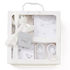Baby gift set with white teddy bear, clothes, and teether in a box.
