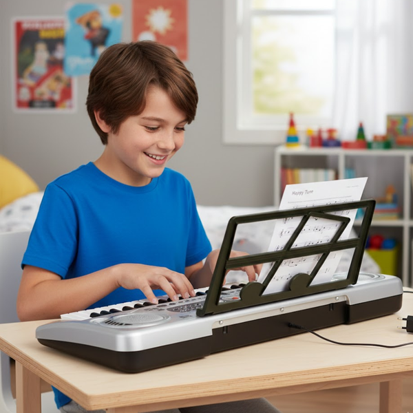 Child playing a keyboard in a room with educational posters and toys.