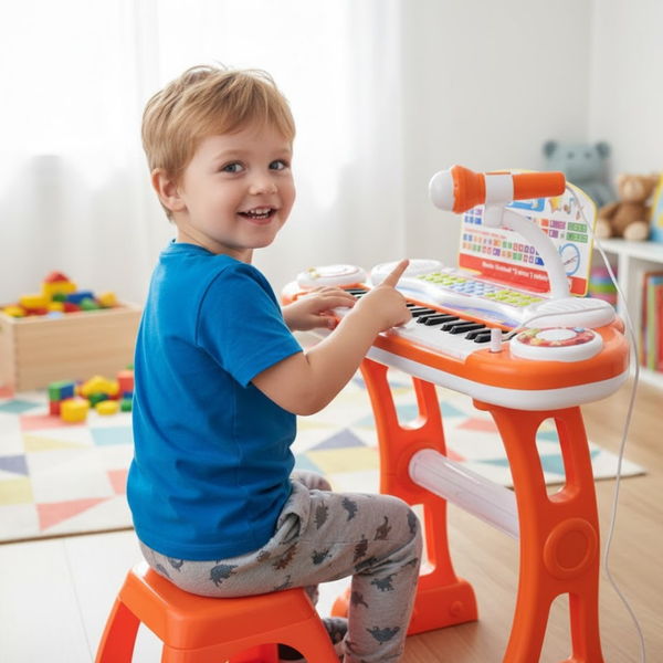 Child playing with a toy keyboard and microphone in a bright room