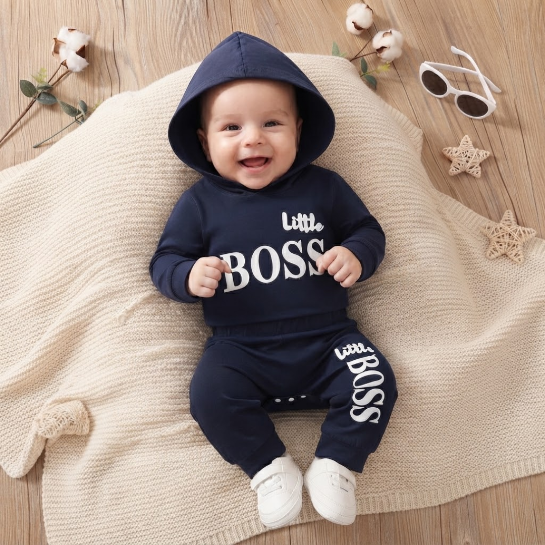 A baby lying on a beige knit blanket wearing a navy blue hooded sweatshirt and matching pants with white 'Little BOSS' text, styled with cotton stems, sunglasses, and star decorations on a wood floor.