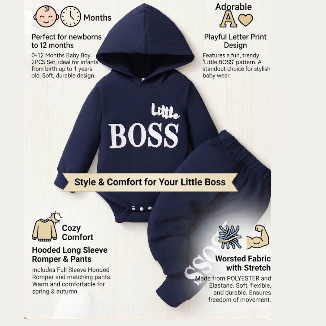 A navy blue baby hooded romper set shown on a light beige background with informational text callouts around it. The set includes a hooded long-sleeve romper and matching pants with white text reading 'Little BOSS' on the chest.