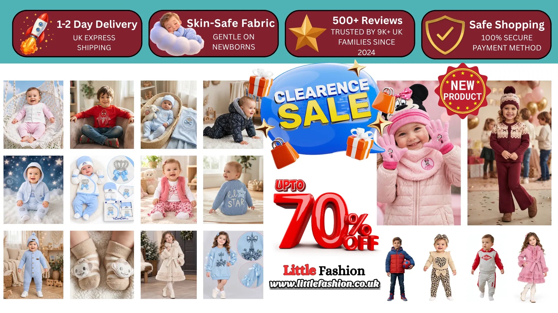 A promotional collage for a children's clothing clearance sale, featuring multiple small photos of babies and toddlers wearing outfits, large sale text reading 'Clearance Sale' and 'Up to 70% off', and marketing badges such as '1-2 Day Delivery', 'Skin-Safe Fabric', '500+ Reviews', and 'Safe Shopping'.