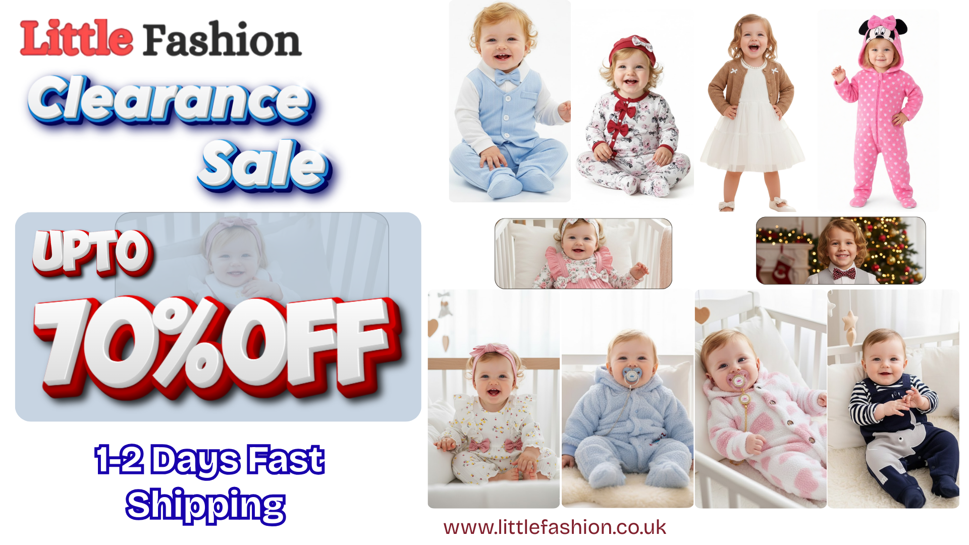  Little Fashion clearance sale with children's clothing and babies in various outfits.