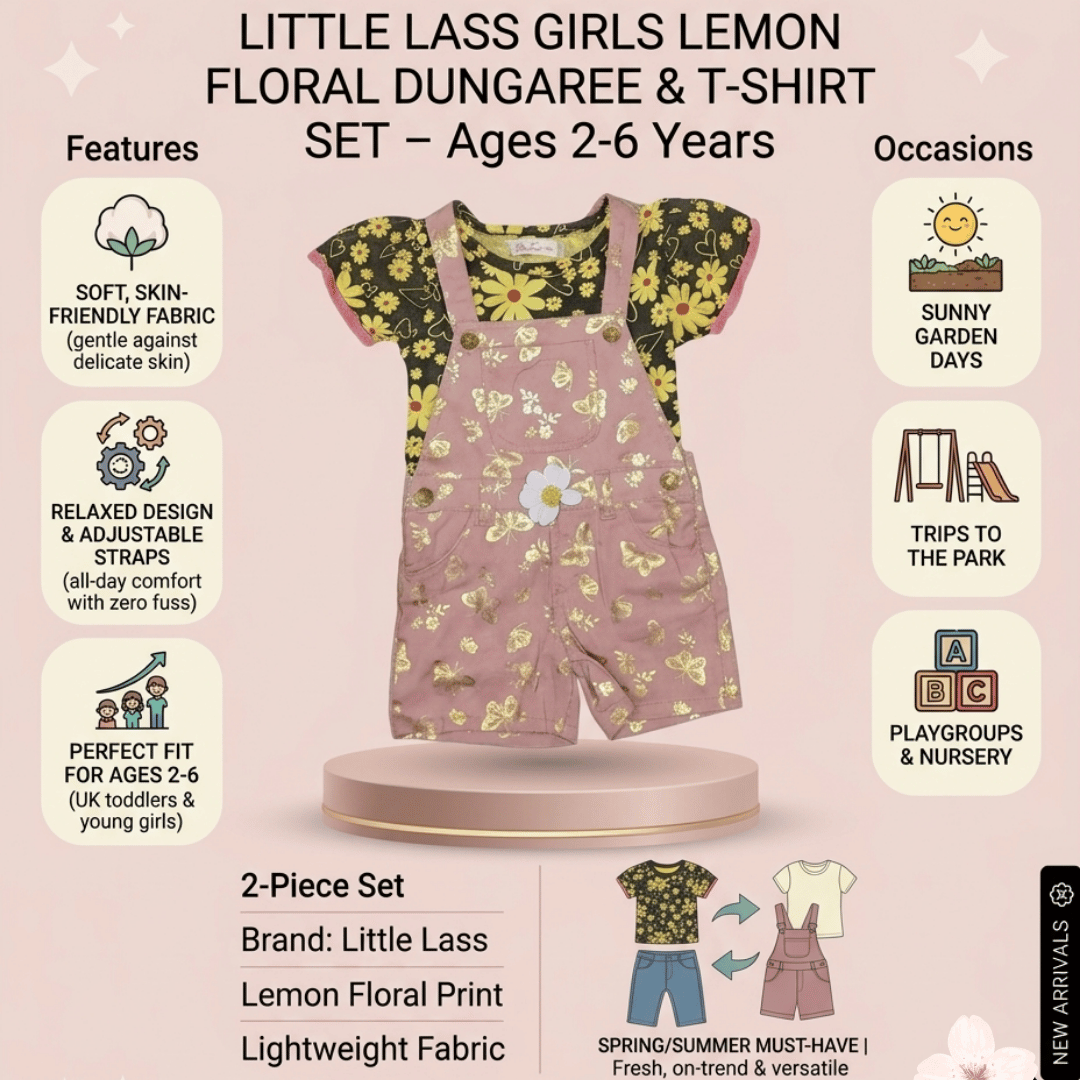 Children's lemon floral dungaree and t-shirt set with features and occasions listed on a pink background.