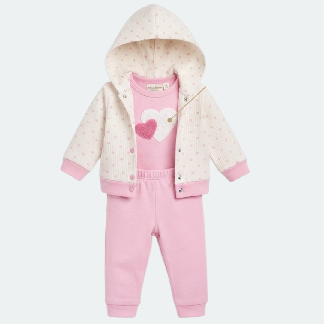 A baby girl's three-piece outfit set featuring a pink sweatpants leg warmer set, a pink t-shirt with a heart applique, and a cream-colored hooded jacket with tiny pink polka dots.