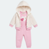 A baby girl's three-piece outfit set featuring a pink sweatpants leg warmer set, a pink t-shirt with a heart applique, and a cream-colored hooded jacket with tiny pink polka dots.